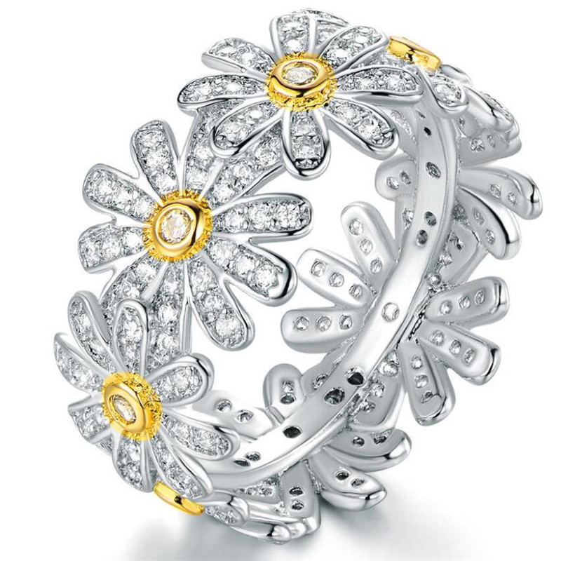 New Sparkling Vintage Fashion Jewelry 925 Sterling Silver&Gold Fill Chrysanthemum Pave White Sapphire CZ Diamond Women Wedding Band Ring Set