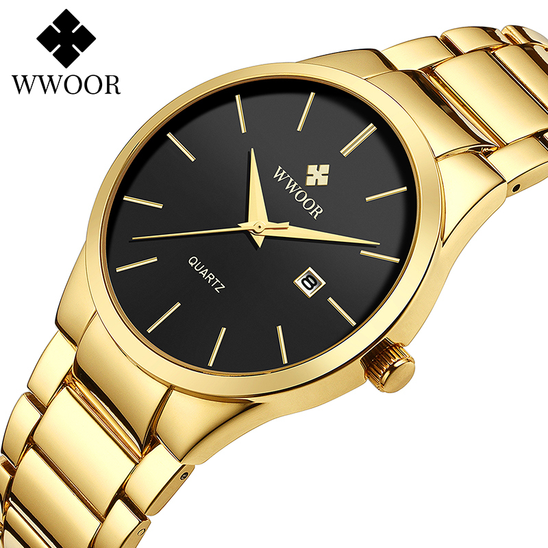 relojes hombre 2020 WWOOR Gold Watch Men Luxury Mens Quartz Wristwatch Business Watch Stainless Steel Waterproof Auto Date Clock CX200804