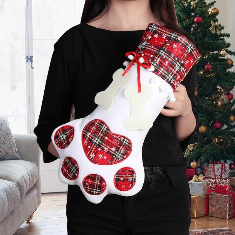 Christmas Stockings Gift Bag Decor for New Year 2020 Plaid Christmas Gift Bags Pet Stocking Socks Xmas Tree Hanging Pendant