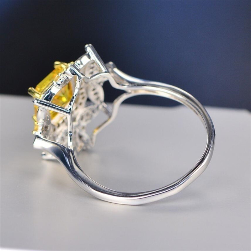 2020 New Arrival Hot Sale Unique Luxury Jewelry 925 Sterling Silver Princess Cut Yellow Topaz CZ Diamond Party Women Wedding Band Ring Gift