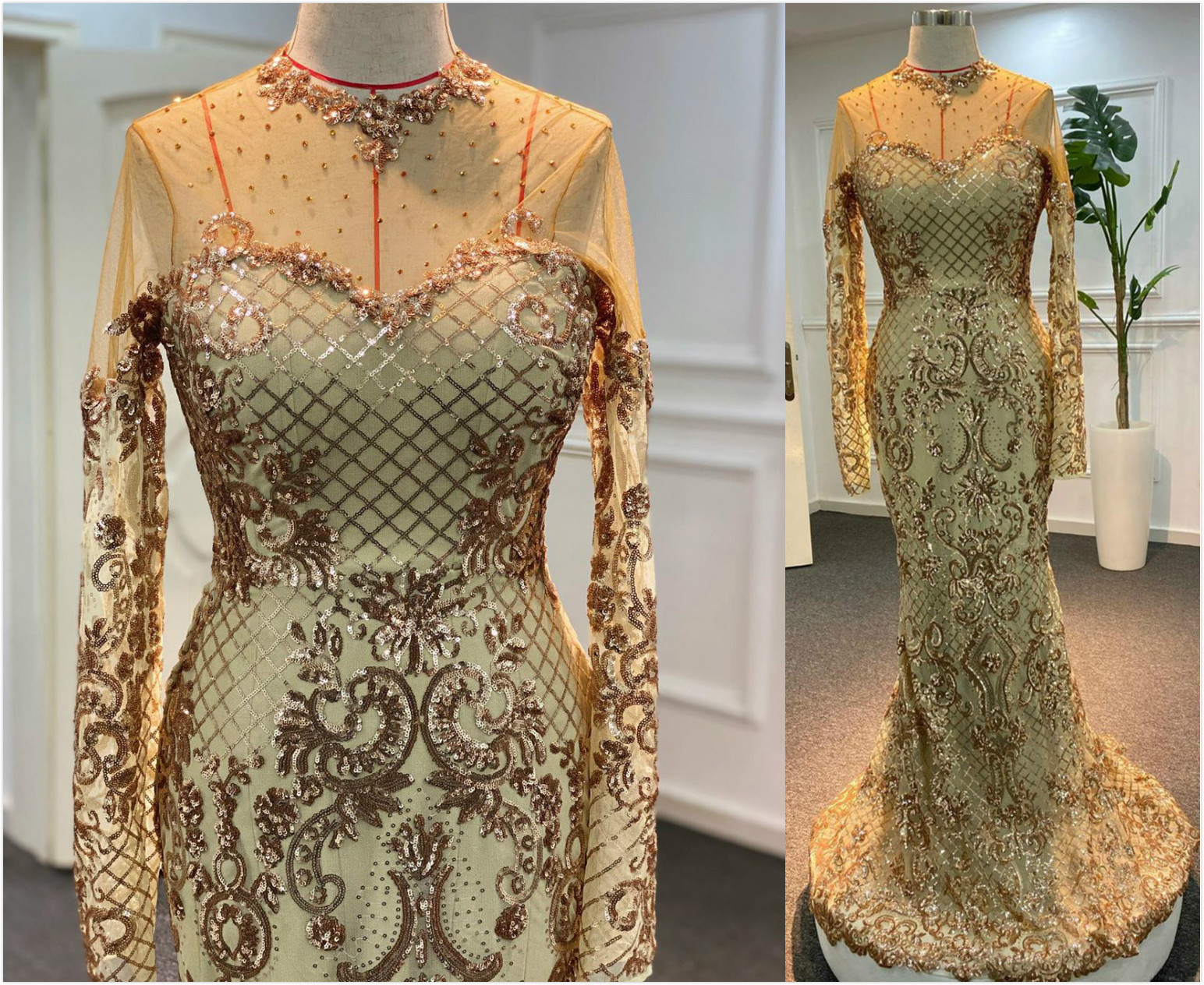 2020 Arabic Aso Ebi Gold Mermaid Sexy Evening Dresses Sheer Neck Prom Dresses Long Sleeves Formal Party Seccond Reception Gowns ZJ054