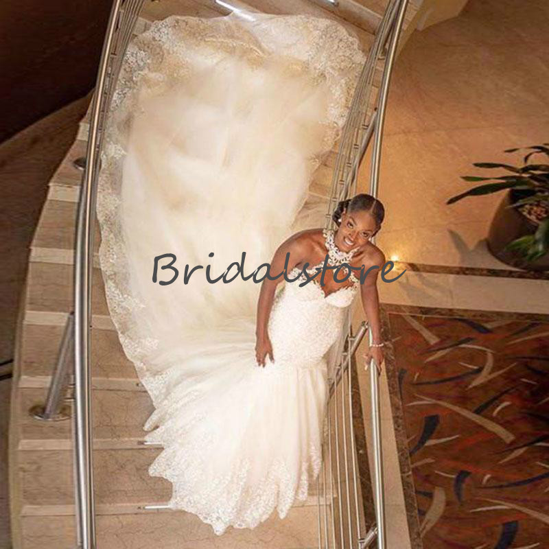 Sexy African Mermaid Wedding Dress Aso Ebi Church Country Wedding Gowns Nigeria Appliques Lace Boho Bridal Dresses Cathedral Train Castle robes de mar