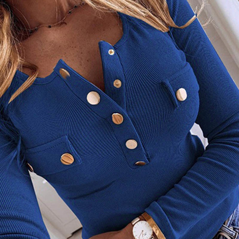 New Elegant Metal Button Shirts Blouse Women Spring Long Sleeve tops Female plus size Sexy VNeck Slim Pullovers tops women T200322