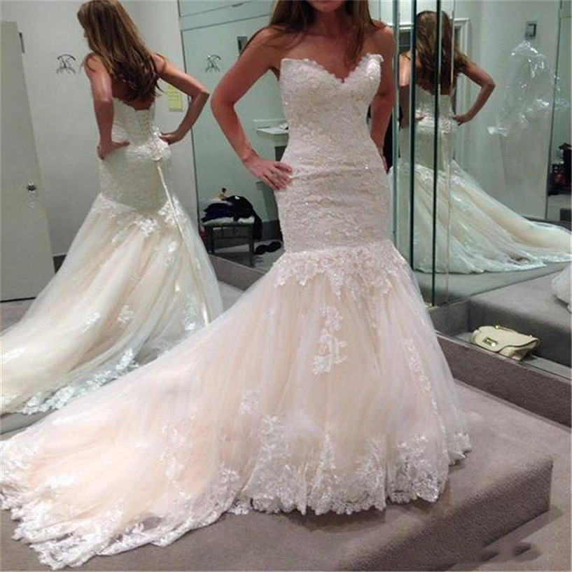 Strapless Lace Mermaid Wedding Dresses with Beaded Appliques Sweep Train Lace Up Back Tulle Wedding Bridal Gowns Vestido De Novia, White
Strapless Lace Mermaid Wedding Dresses with Beaded Appliques Sweep Train Lace Up Back Tulle Wedding Bridal Gowns Vestido De Novia, White