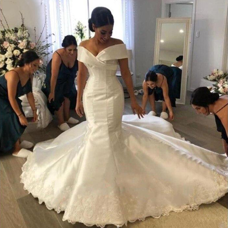 Custom Made Off Shoulder Mermaid Wedding Dresses with Appliques Short Sleeves Court Train Satin Wedding Bridal Gowns, Ivory
Custom Made Off Shoulder Mermaid Wedding Dresses with Appliques Short Sleeves Court Train Satin Wedding Bridal Gowns, Ivory