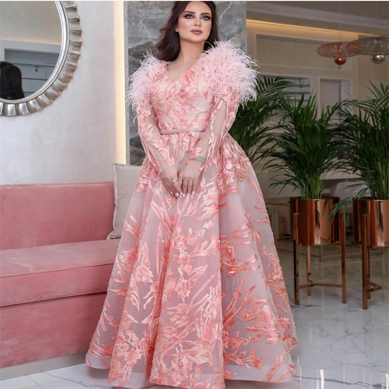 pink elegant aline evening dresses vneck long sleeve sheer appliqued feather formal bridal gown sweep train custom made party gown