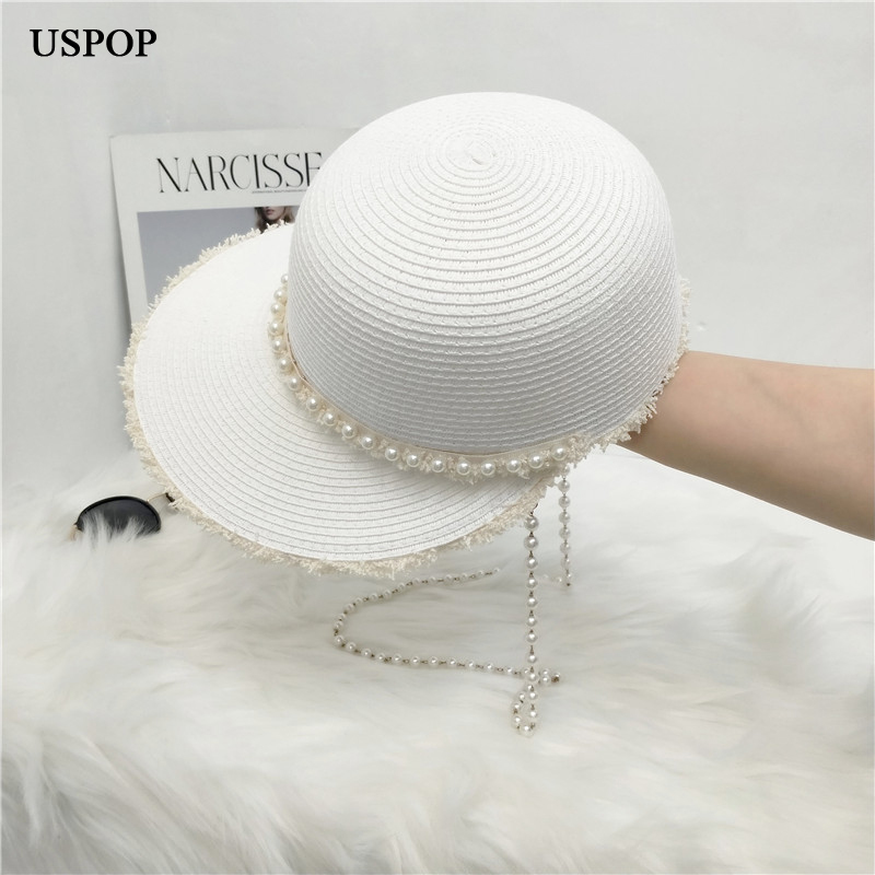 USPOP 2020 New summer hats for women wide brim pearl sun hats letter M straw hats raffia straw visor caps pearl beach hat Y200716