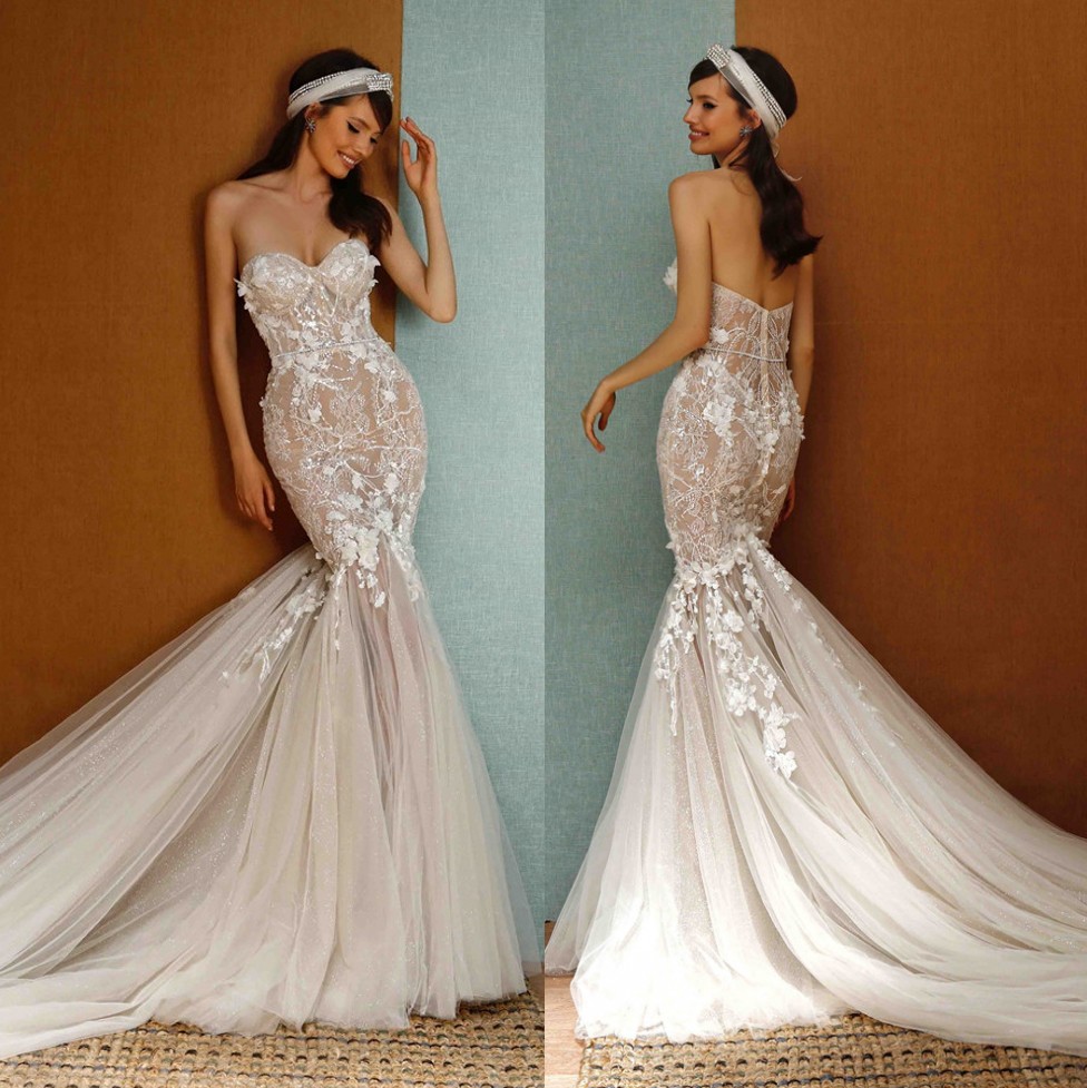 Lace Fashion Mermaid Beaded Wedding Dresses Sweetheart Neck Appliqued Plus Size Sequined Bridal Gowns Tulle Trumpet Robe De Marie