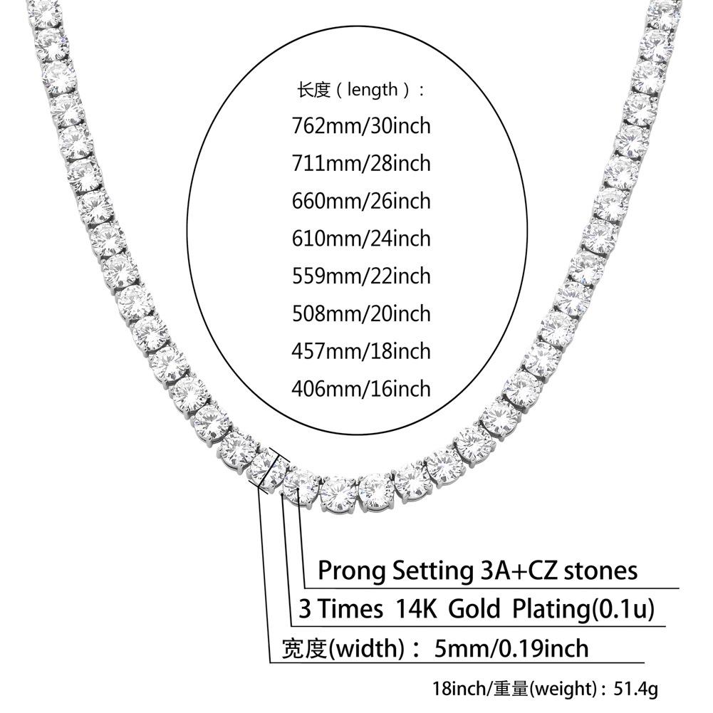Cubic Zirconia Tennis Chain Necklace Choker 5mm 16-30 inches Real Gold Bling Full Diamond Long Necklaces Hip Hop Luxury Iced Out Jewelry for Men Women