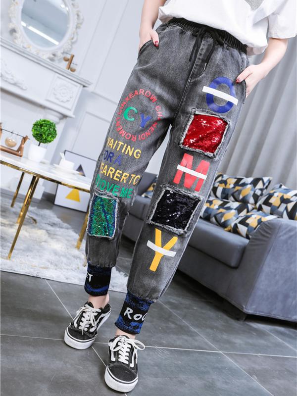 Sequin patchwork leisure jeans women letter print jeans lady spring loose for women 2020 oversized streetwear lacing, Blue
Sequin patchwork leisure jeans women letter print jeans lady spring loose for women 2020 oversized streetwear lacing, Blue