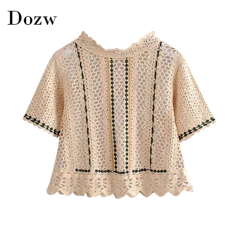 Hollow Out Knitted Blouse Women Casual Short Sleeve Shirt Female Ruffled Collar Summer Chic Tops Blusas Mujer De Moda, Khaki
Hollow Out Knitted Blouse Women Casual Short Sleeve Shirt Female Ruffled Collar Summer Chic Tops Blusas Mujer De Moda, Khaki