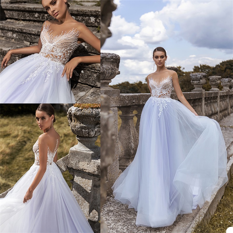 Newest Illusion Wedding Dresses Lavender Appliqued Lace A Line Wedding Gown Sexy Jewel Sleeveless Custom Made Bridal Dress Robes De Mariée