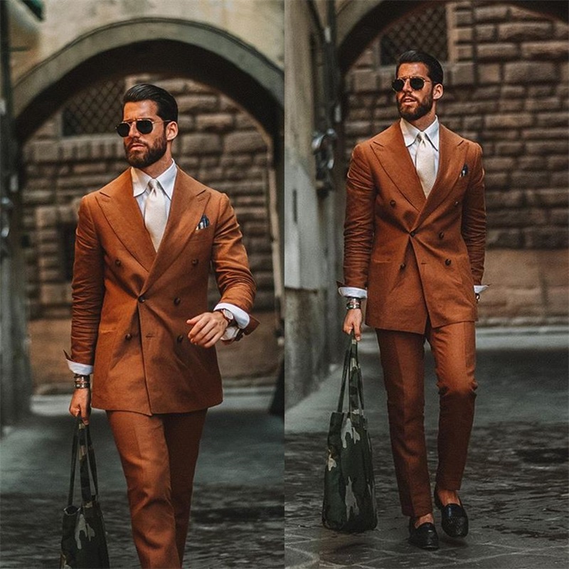 2piece redbrown casual double breasted men suits custom made fit slim tuxedos party formal business peaked lapel blazer suits