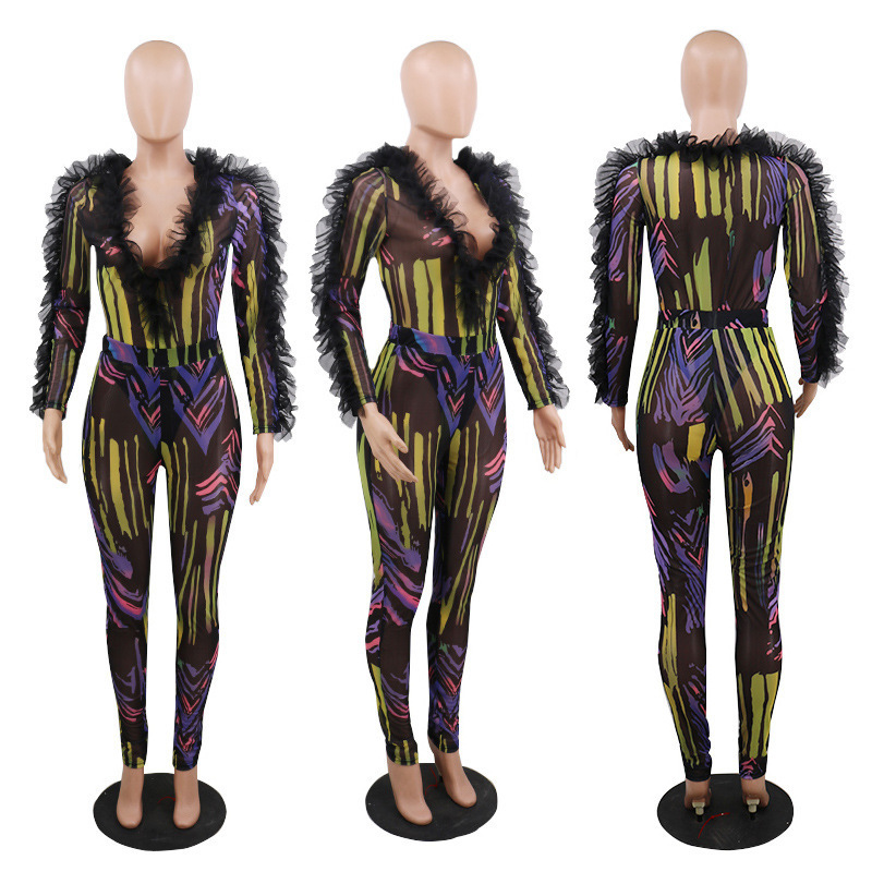 ANJAMANOR Animal Print Transparent Mesh Two Piece Set Ruffle Long Sleeve Bodysuit Leggings Sexy Club Outfits for Women D57-AD55 T200608