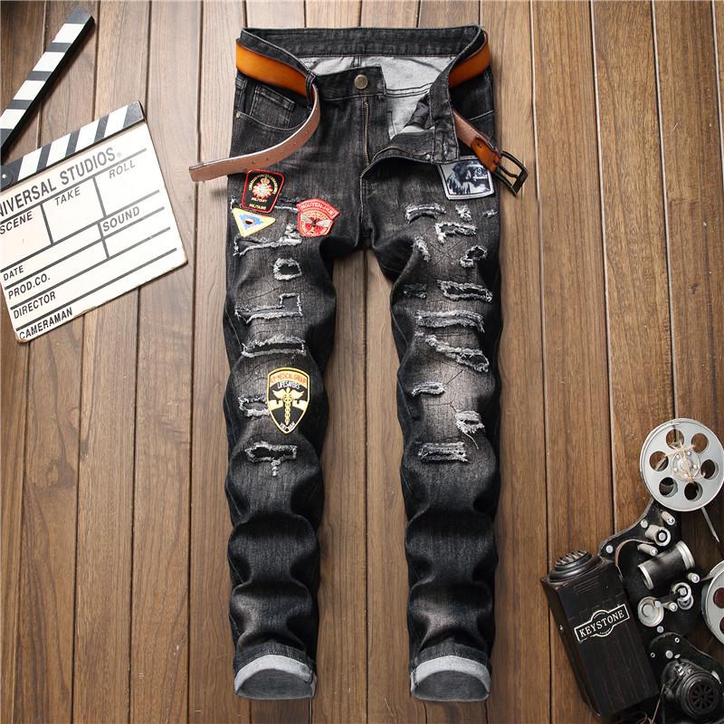 New Men's Jeans Elastic Hole Badge Jeans Trend Men's Pants Ripped Biker Denim, Black
New Men's Jeans Elastic Hole Badge Jeans Trend Men's Pants Ripped Biker Denim, Black