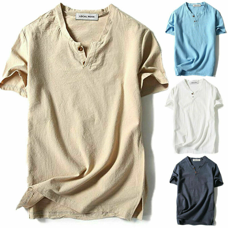 Summer Men's Casual Baggy Short Sleeve Slim Muscle Cotton Line V-Neck Button-Front T-shirt Solid Color Tops1
