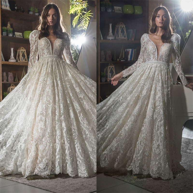 Royal Elegant A Line Wedding Dresses Jewel Neck Sheer Long Sleeve Full Lace Appliqued Wedding Dress Custom Made Sweep Train Robes De Mariée