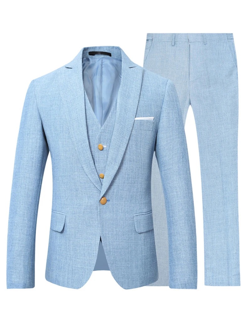 Light Blue Mens Suits 3 Pcs Solid Wedding Tuxedos Slim Fit Designer Groom Groomsmen Suit Mens Formal Wear