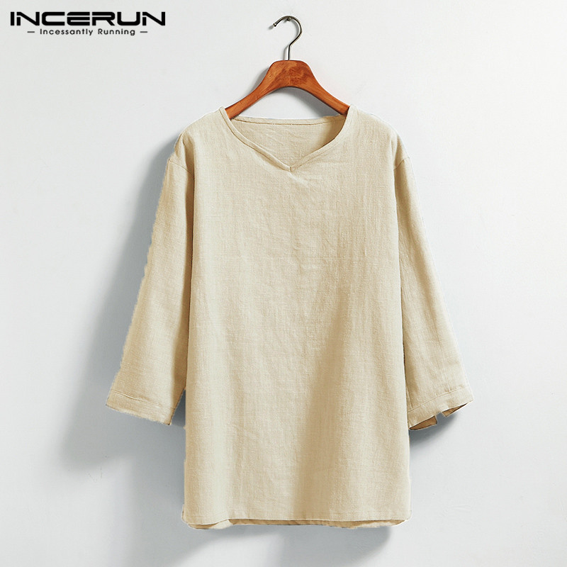 Plus Size 5XL Chinese Style T Shirt Men Solid Loose 3/4 Sleeve V-neck Tee Shirt Men Casual Cotton Vintage Mens T-shirt