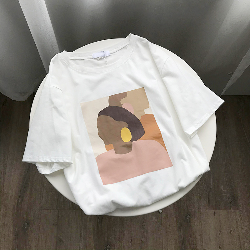 Fanco Vintage Abstract Painting Summer Women T Shirt Short Sleeved Korean Style Thin Round Neck Tee Shirt Tops MX200721