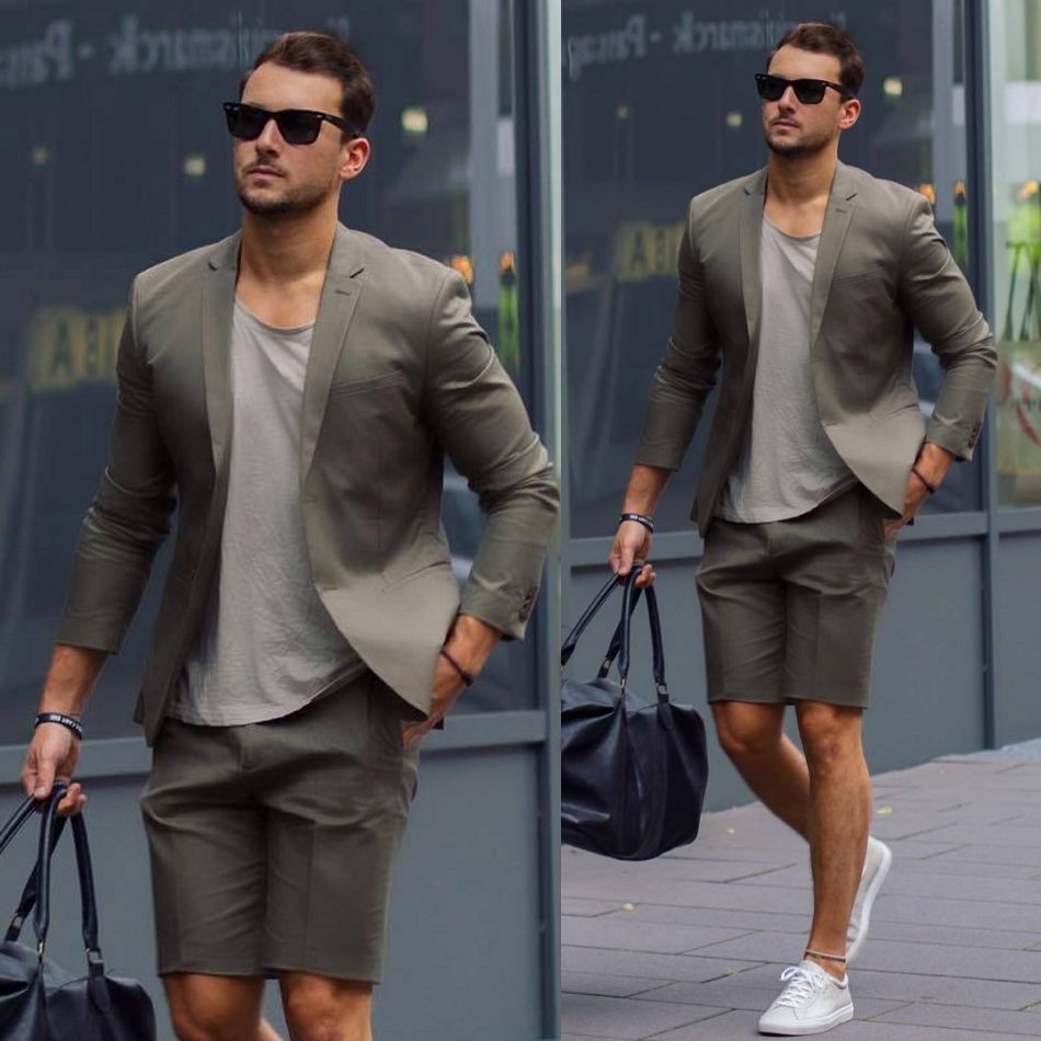 2021 High Quality Grey Short Mens Wedding Tuxedos Two Buttom Slim Fit Wear Business Party Prom Best Men Blazer Suit(Jacket+Pants)