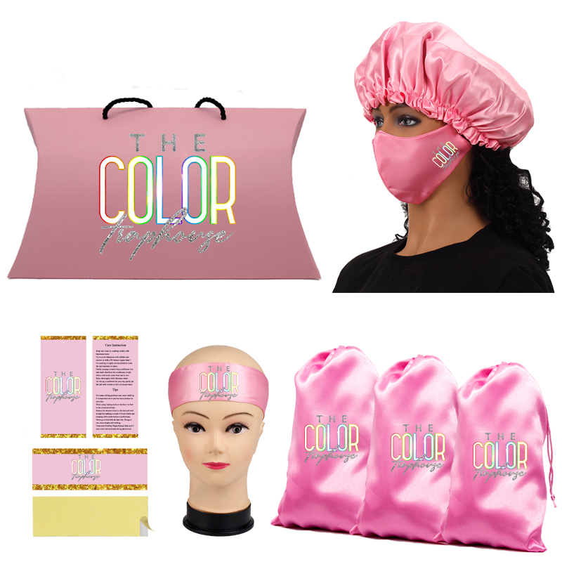 Custom Logo Wig Set Virgin Hair Bundle Packaging satin mask/Satin Bags/ Hang Tag / Bundle Wraps/Bonnets/Headband