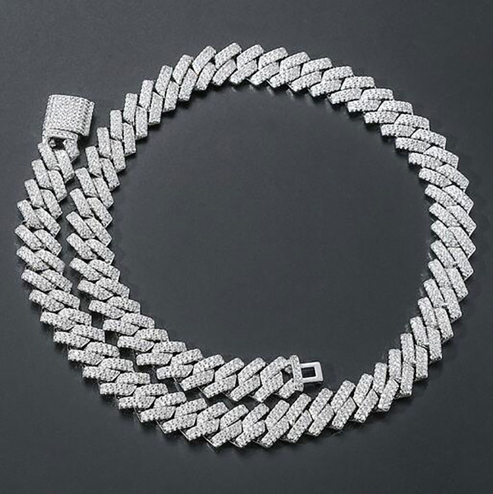 14mm Iced Cuban Link Prong Chain Necklace 14K White Gold Plated 2 Row Diamond Cubic Zirconia Jewelry 16inch24inch Cuban Chain