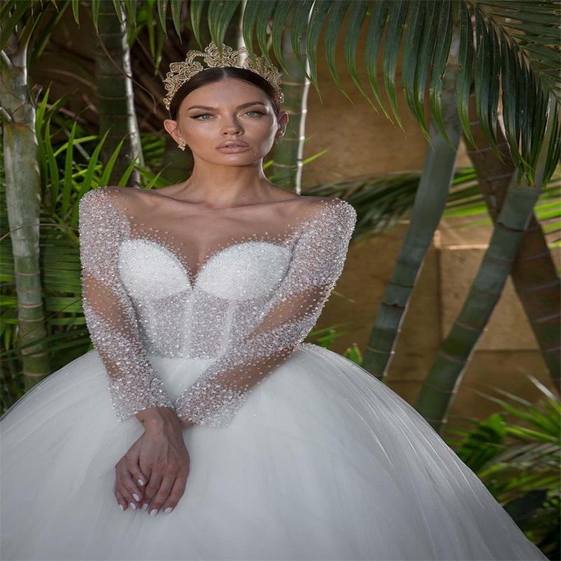 Elegant A-line Wedding Dresses Luxury Beaded Jewel Neck Sheer Long Sleeve Church Bridal Gowns Custom Made Court Train Vestidos De Novia