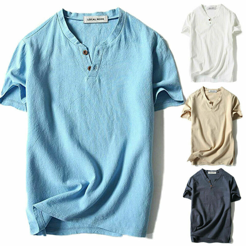 Summer Men's Casual Baggy Short Sleeve Slim Muscle Cotton Line V-Neck Button-Front T-shirt Solid Color Tops1