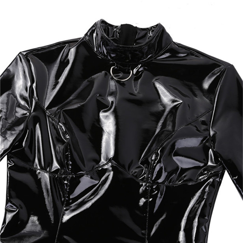 Women Leather Jumpsuit Latex Bodysuit Overalls Ladies Wetlook Swimsuit For Gymnastics Double Zipper Night Club Sleeping Leotard1