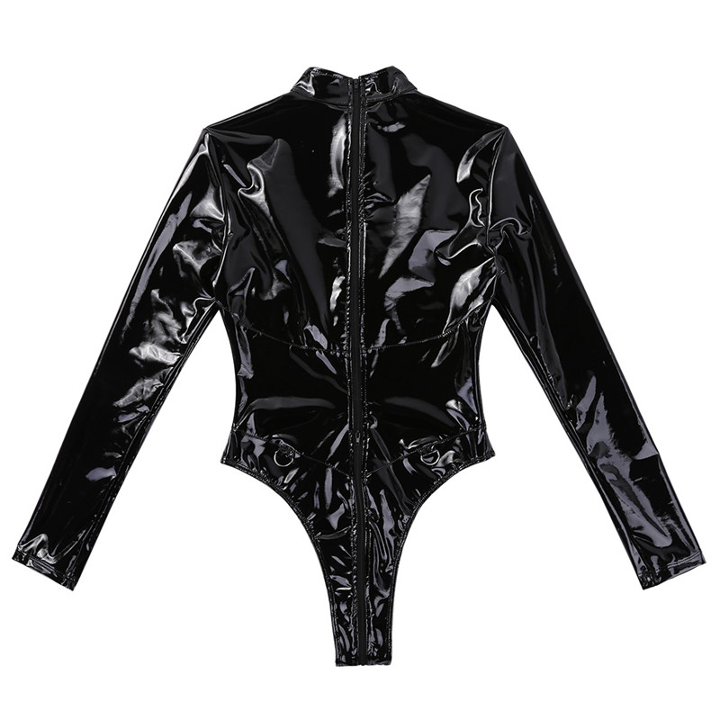 Women Leather Jumpsuit Latex Bodysuit Overalls Ladies Wetlook Swimsuit For Gymnastics Double Zipper Night Club Sleeping Leotard1