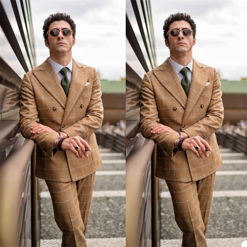 newest handsome 2piece khaki handsome men suits custom made fit slim plaid doublebreasted cotton party formal business suit for man