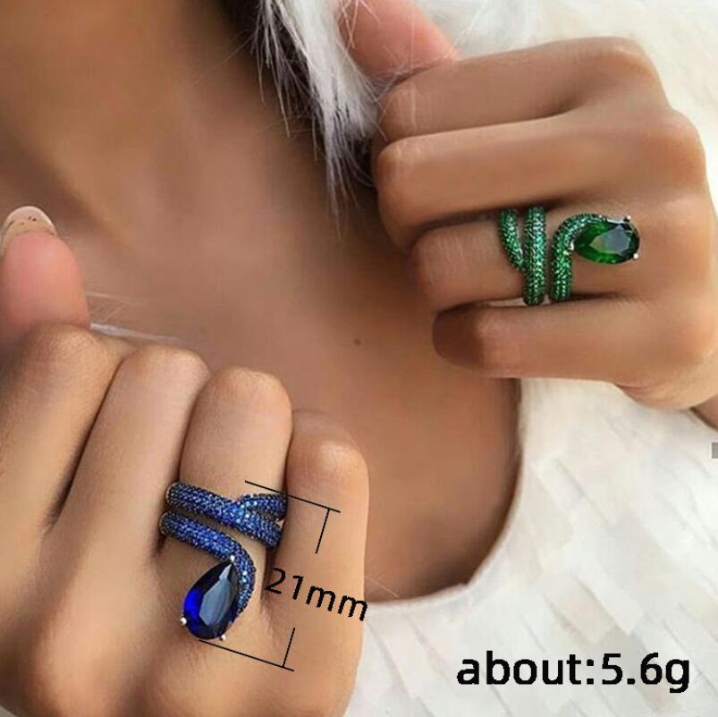 New Arrival Brand Unique Luxury Jewelry 10KT Black Gold Fill Water Drop Pear Cut Emerald CZ Diamond Women Wedding Snake Band Ring Gift