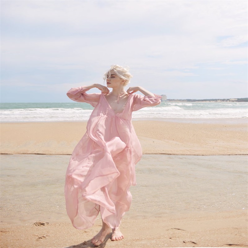 pink chiffon wedding robes vneck long sleeve sexy backless pajamas sleepwear anklelength custom made nightgown for women cheap