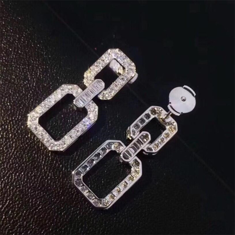 2020 New Arrival Sparkling Luxury Jewelry 925 Sterling Silver Pave White Sapphire Party Square Chain Earring Women Long Dangle Earring Gift