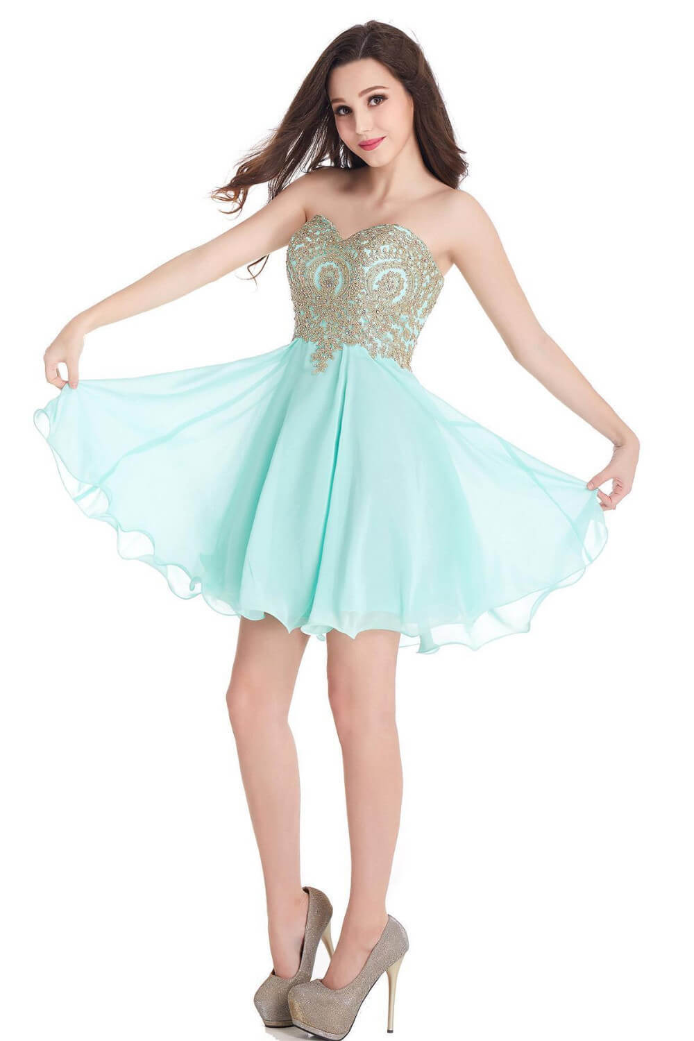 Babyonblinedress Sexy Open Back Mint Green Gold Lace Homecoming Dresses Sweetheart Neck Chiffon Short Evening Prom Dresses CPS406