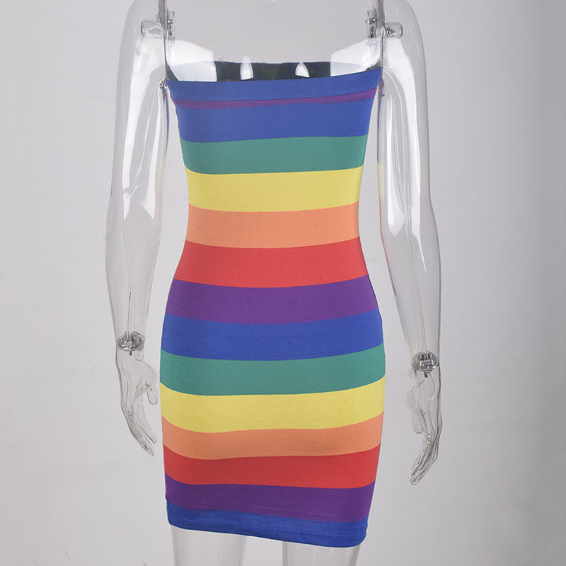 Cryptographic Fashion Sexy Strapless Bright Rainbow Dress for Women Knitted Elegant Sleeveless Dresses Bodycon Spring Summer T200320