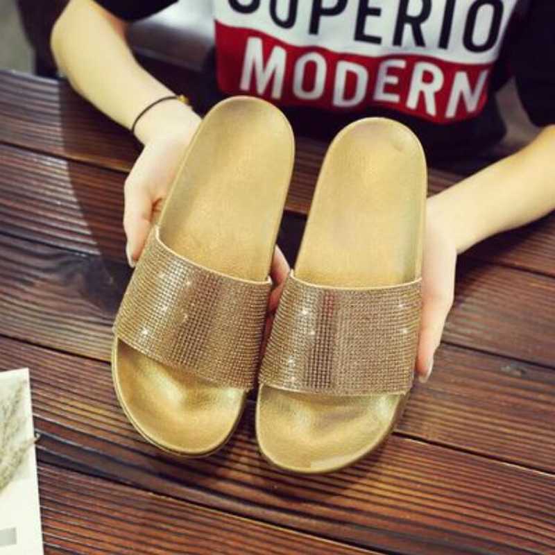 Slippers WGZNYN Shoes Women Flat Sliders Sandals Diamante Sparkly Colorful Diamond Crystal Fashion Woman Flip-flops W41