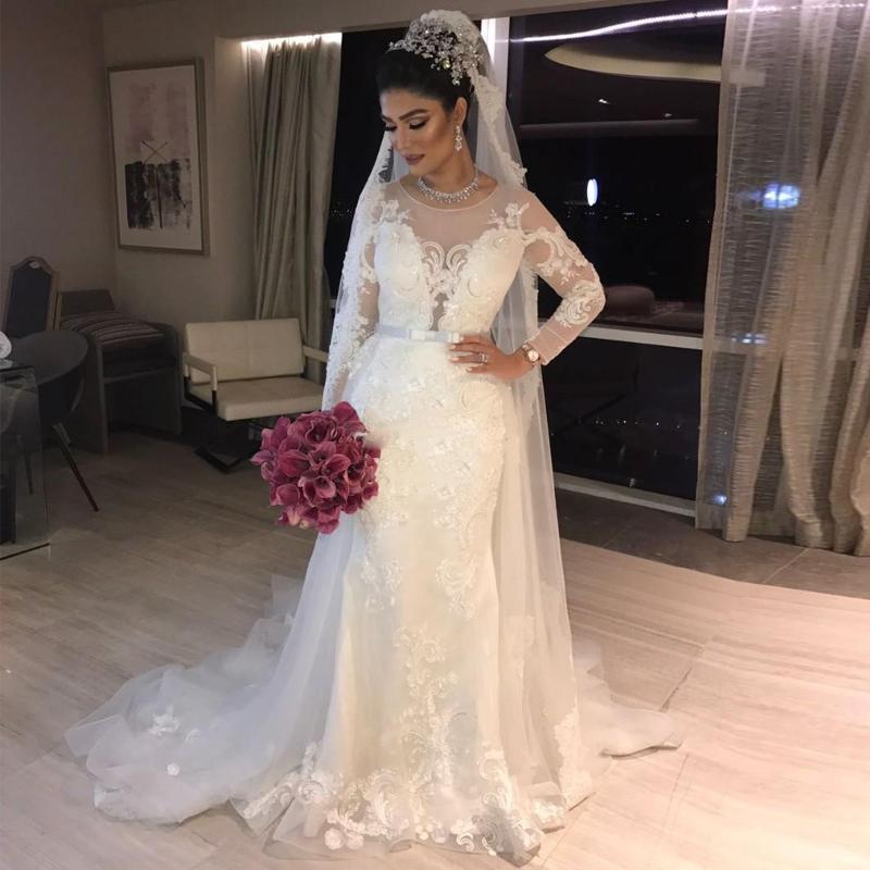 Sexy Mermaid Crystal Wedding Dresses Long Sleeve Women Party Dresses Bridal Gowns Beaded Lace Applique vestidos de noche wedding Gown