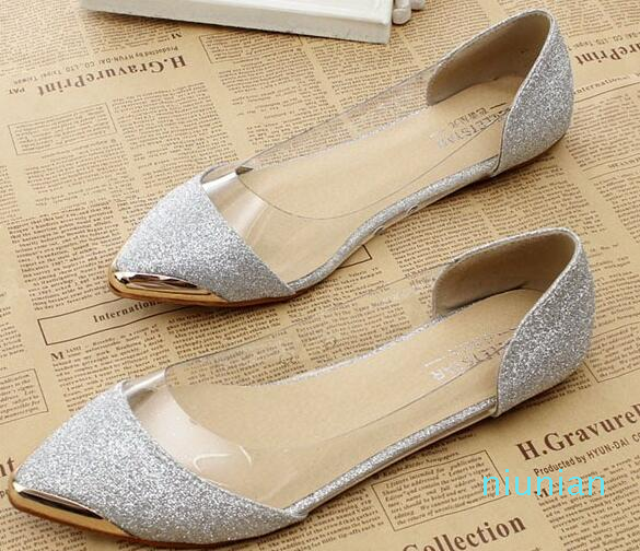 Hot sale-2017 new the chic metal pointed/closed toe transparent shiny pointed Asakuchi ballet flat shoes women's shoes
