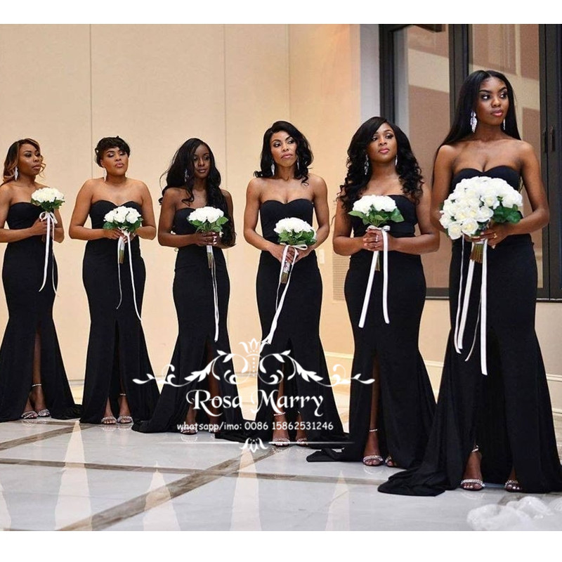 Sexy Black Mermaid African Bridesmaids Dresses 2020 Plus Size Cheap Long Satin High Split Formal Maid Of Honors Prom Wedding Guest Gowns