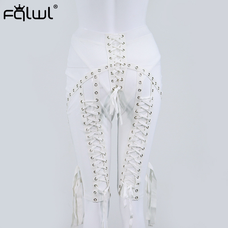 Women's Shorts Lace Up See Through White Mesh Women Bandage Spandex High Waist Female Ladies Sexy Club Black