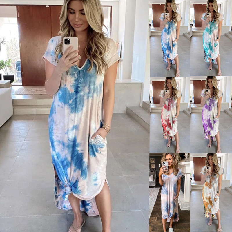 QNPQYX New Tie-dye short sleeve mujer sexy dress summer femme V-neck loose irregular dresses women large size pocket casual long dress, Blue
QNPQYX New Tie-dye short sleeve mujer sexy dress summer femme V-neck loose irregular dresses women large size pocket casual long dress, Blue