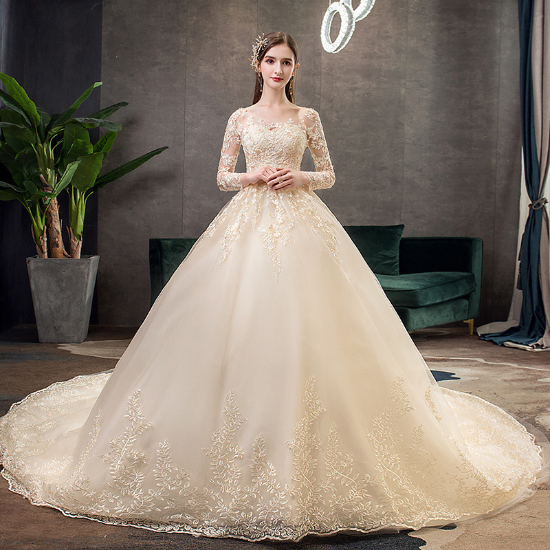 2021 New Vintage O Neck Full Sleeve Wedding Dress Illusion Simple Lace Embroidery Custom Made Bridal Gown Vestido De Noiva
