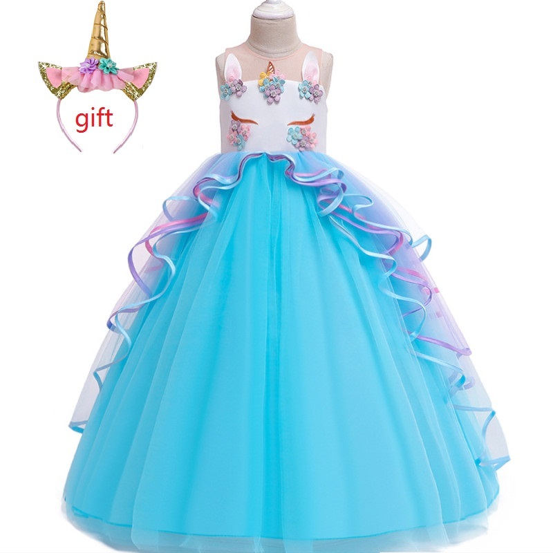 Christmas Send a Gift High-grade birthday evening party child wedding dress 4-14Y girls Embroidered applique unicorn long dress T200721