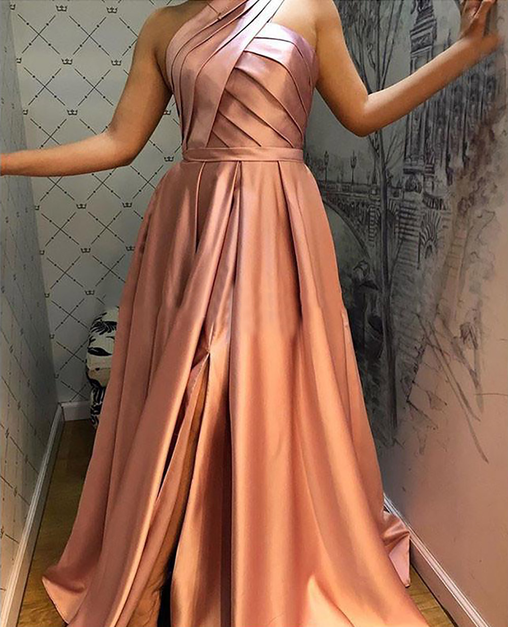 One Shoudler Evening Dresses With Split Sleeveless Zipper Back Arabic Formal Prom Party Gowns Pockets Floor Length