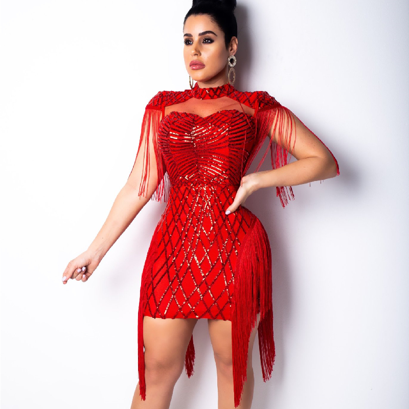 2020 New Summer Women Chiffon Hanging Neck Sleeveless Tassel Tight Female Check Gauze Stitching Fashion Sexy Sequin Dress, Black 
2020 New Summer Women Chiffon Hanging Neck Sleeveless Tassel Tight Female Check Gauze Stitching Fashion Sexy Sequin Dress, Black