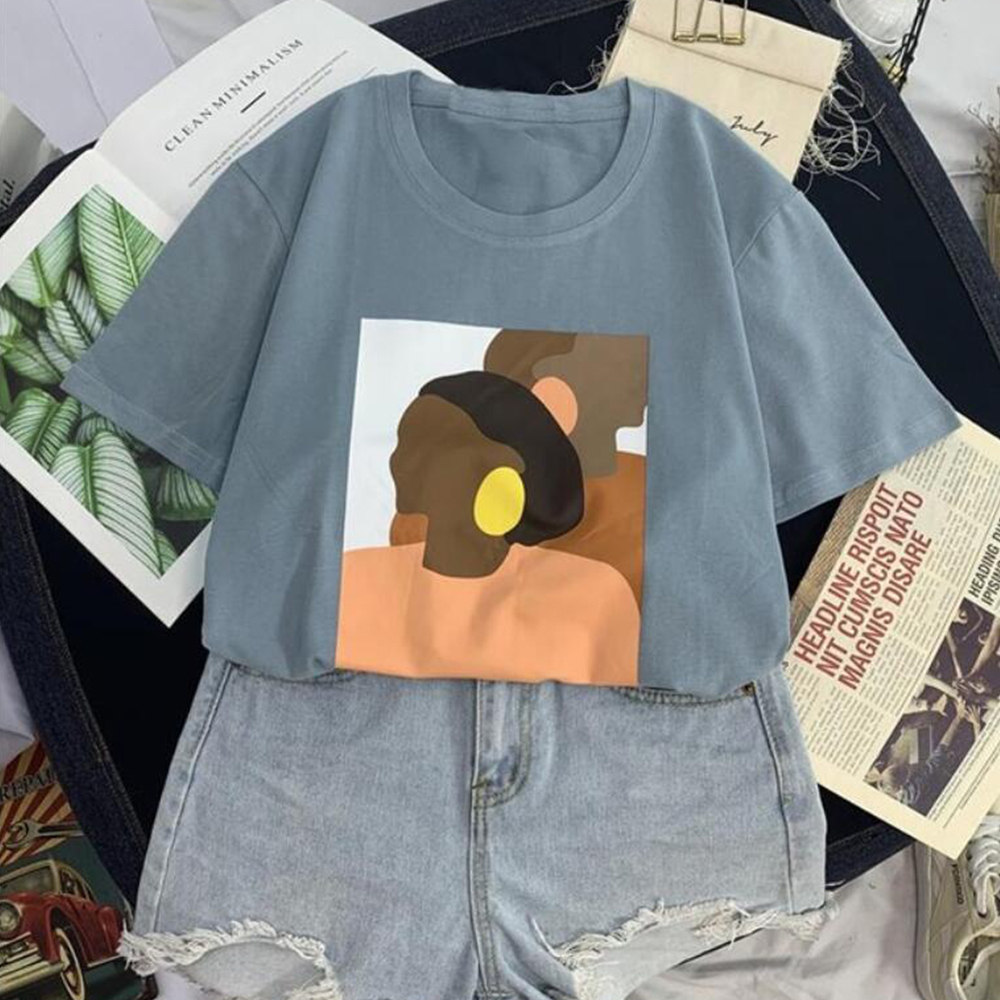 Fanco Vintage Abstract Painting Summer Women T Shirt Short Sleeved Korean Style Thin Round Neck Tee Shirt Tops MX200721