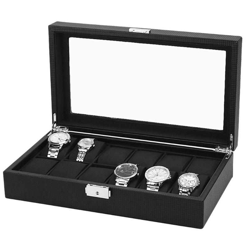 Watch Box Carbon Black Fiber Outer Black PU Leather Inside Pillow 12 Grids Watch Case Storage Organizer Wristwatch Holder 
Watch Box Carbon Black Fiber Outer Black PU Leather Inside Pillow 12 Grids Watch Case Storage Organizer Wristwatch Holder