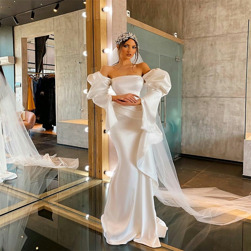 Sexy Mermaid Wedding Dresses Capped Sleeves Strapless Ruched Satin Garden Wedding Dress Generous Custom Made Long Robes De Mariée Cheap